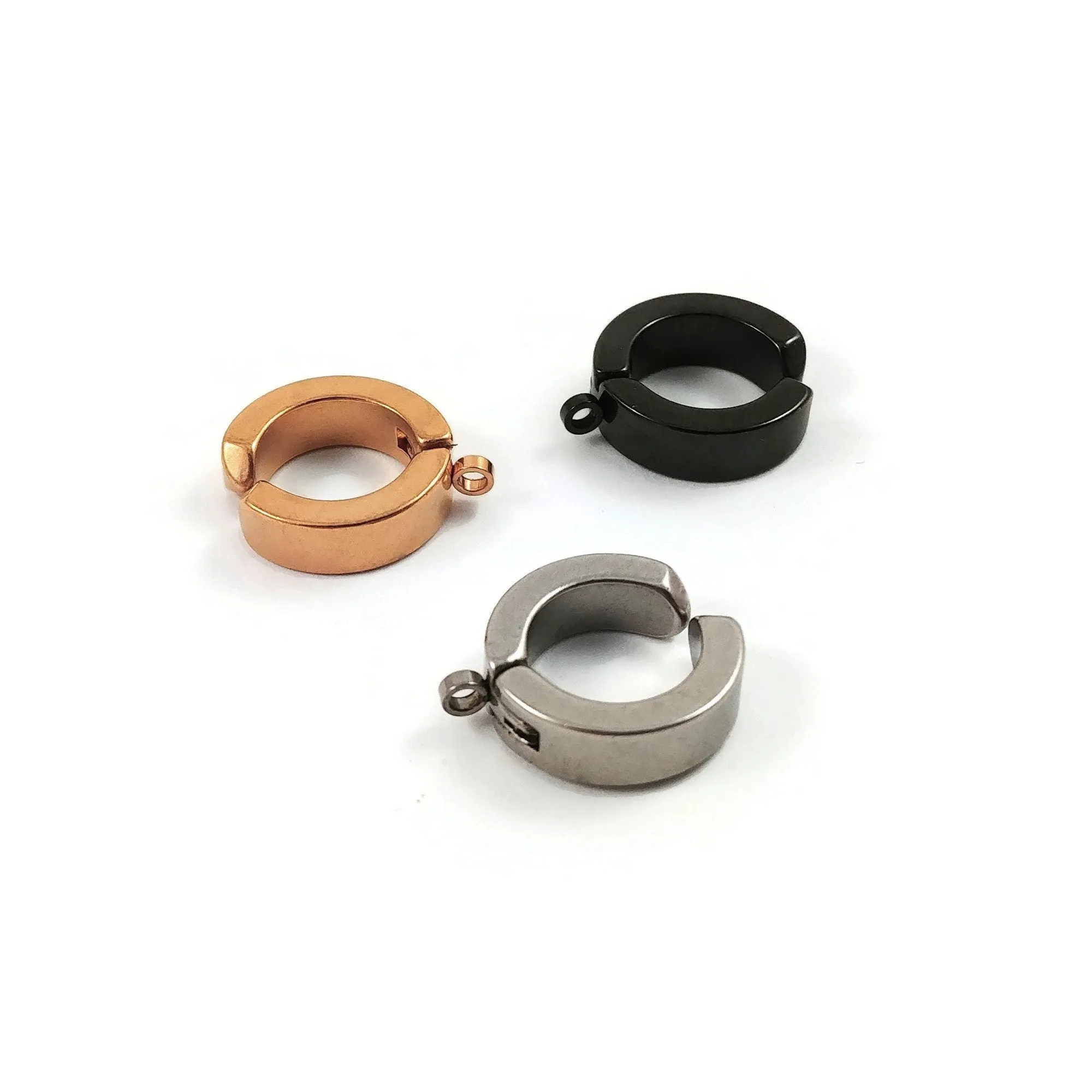 2 No piercing huggie hoops with loop, Stainless steel clip on ear cuffs