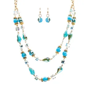 Beautiful Fashion Beads Double Layered Design Statement Necklace Set Blue