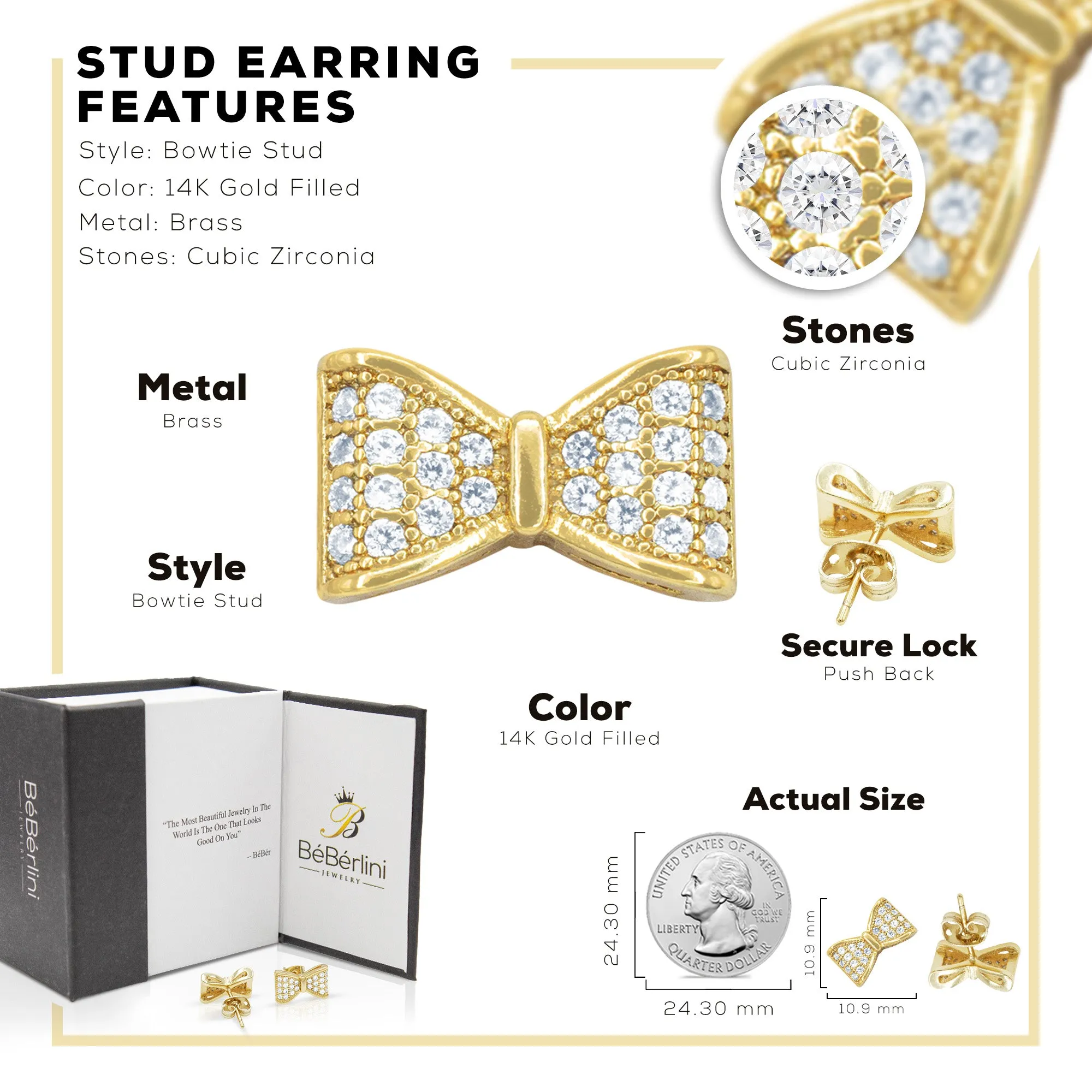 Bow Tie 14K Gold Filled Earrings Cubic Zirconia Hip Hop Studs Jewelry Men Women