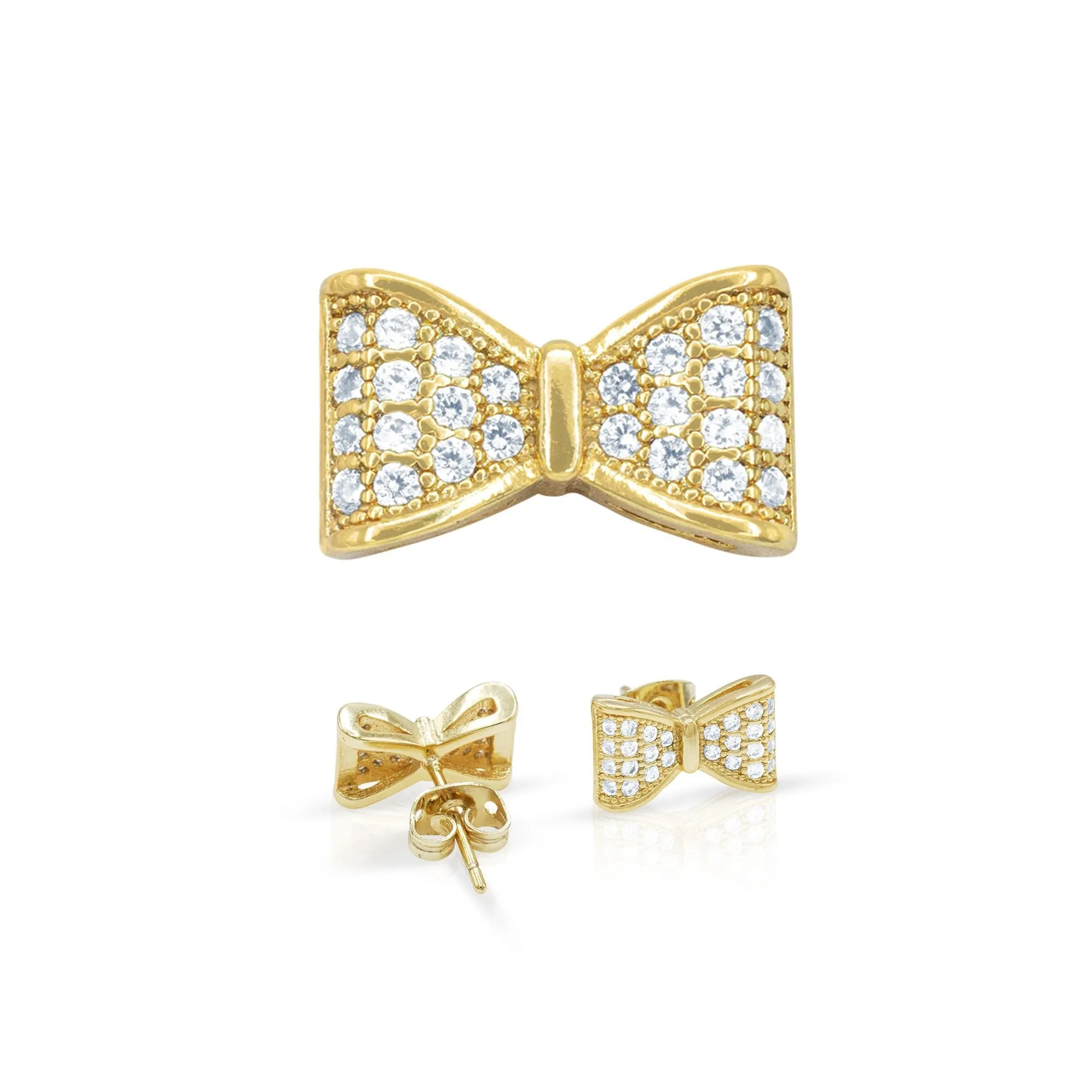 Bow Tie 14K Gold Filled Earrings Cubic Zirconia Hip Hop Studs Jewelry Men Women