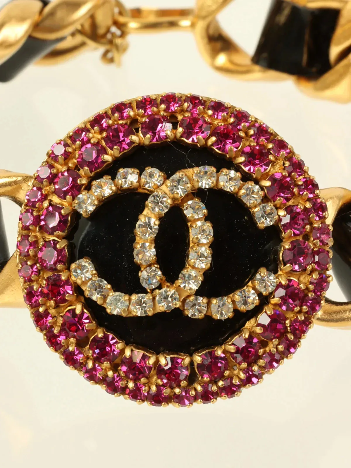 CHANEL 1995 Made Rhinestone Round Cc Mark Chain Choker Gold/Black/Multi