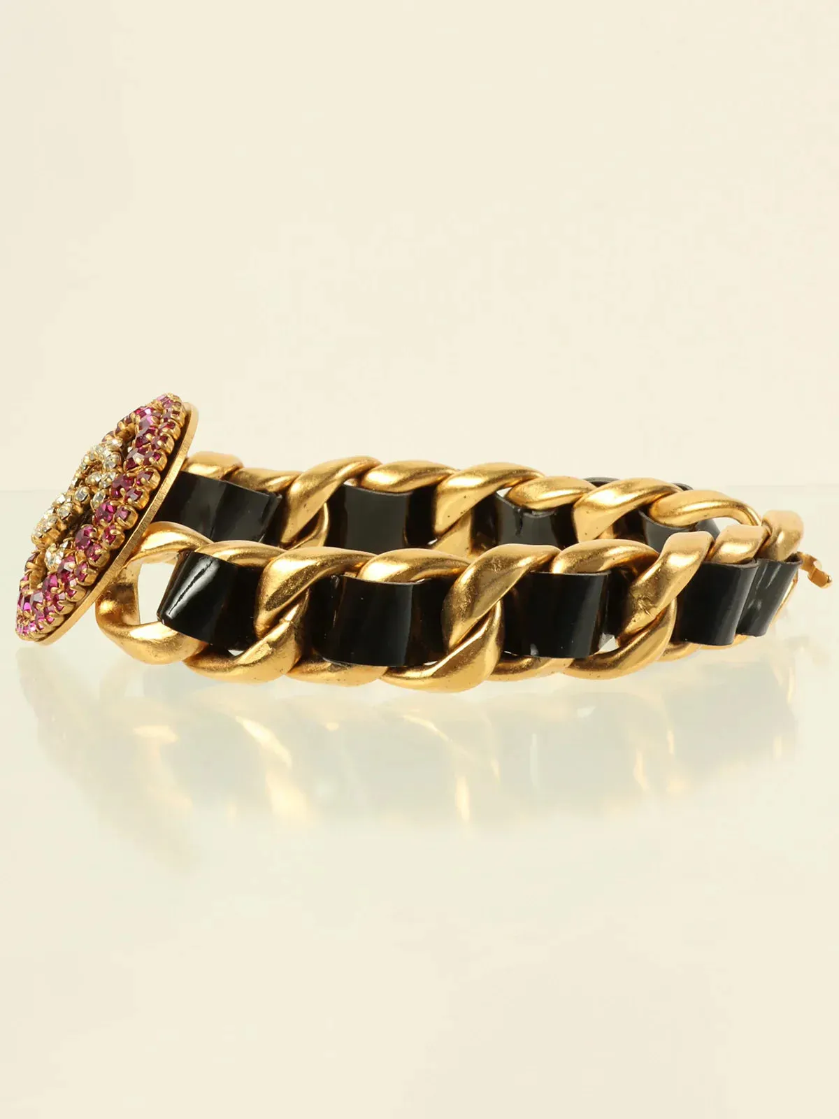 CHANEL 1995 Made Rhinestone Round Cc Mark Chain Choker Gold/Black/Multi
