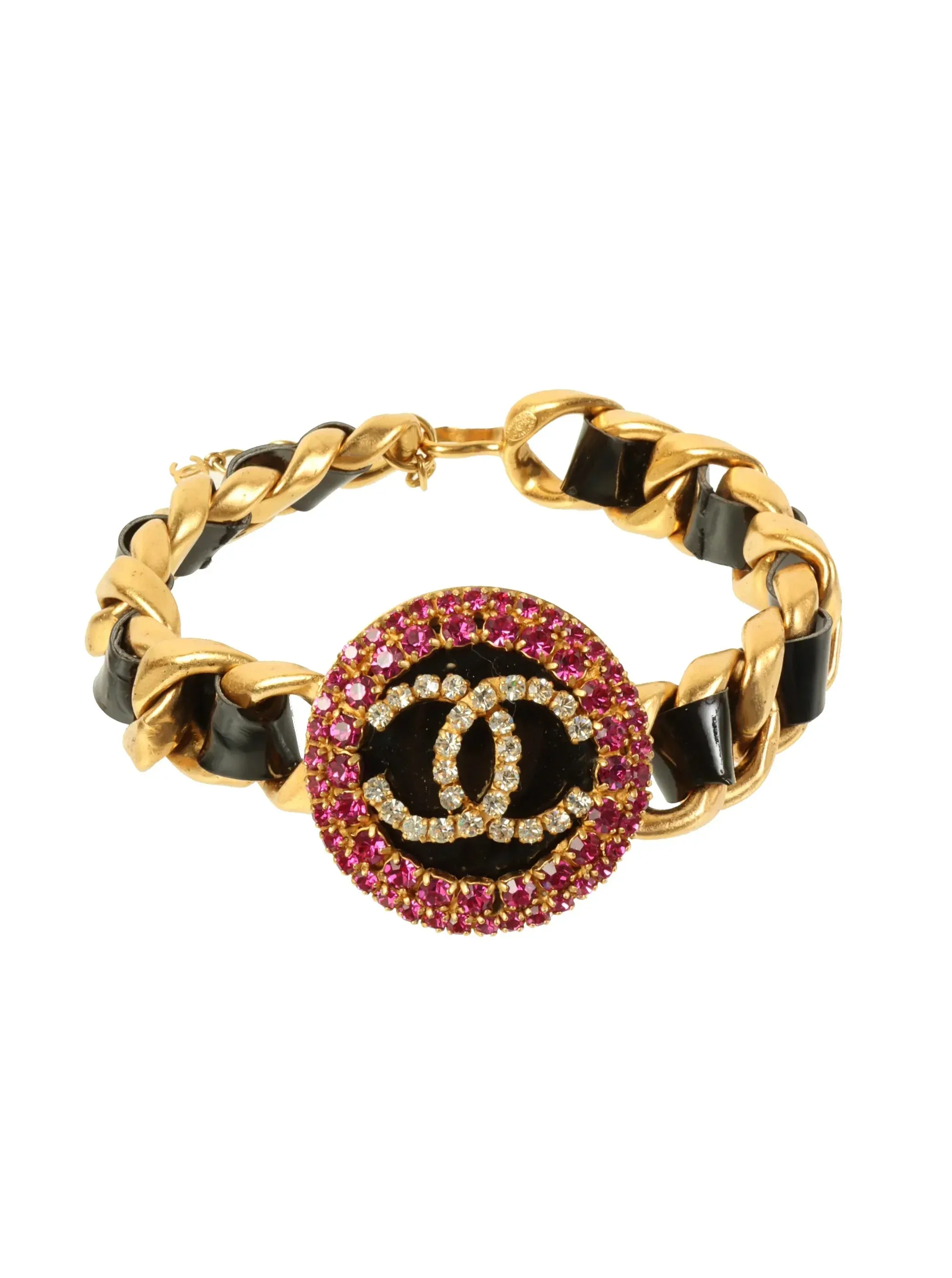 CHANEL 1995 Made Rhinestone Round Cc Mark Chain Choker Gold/Black/Multi