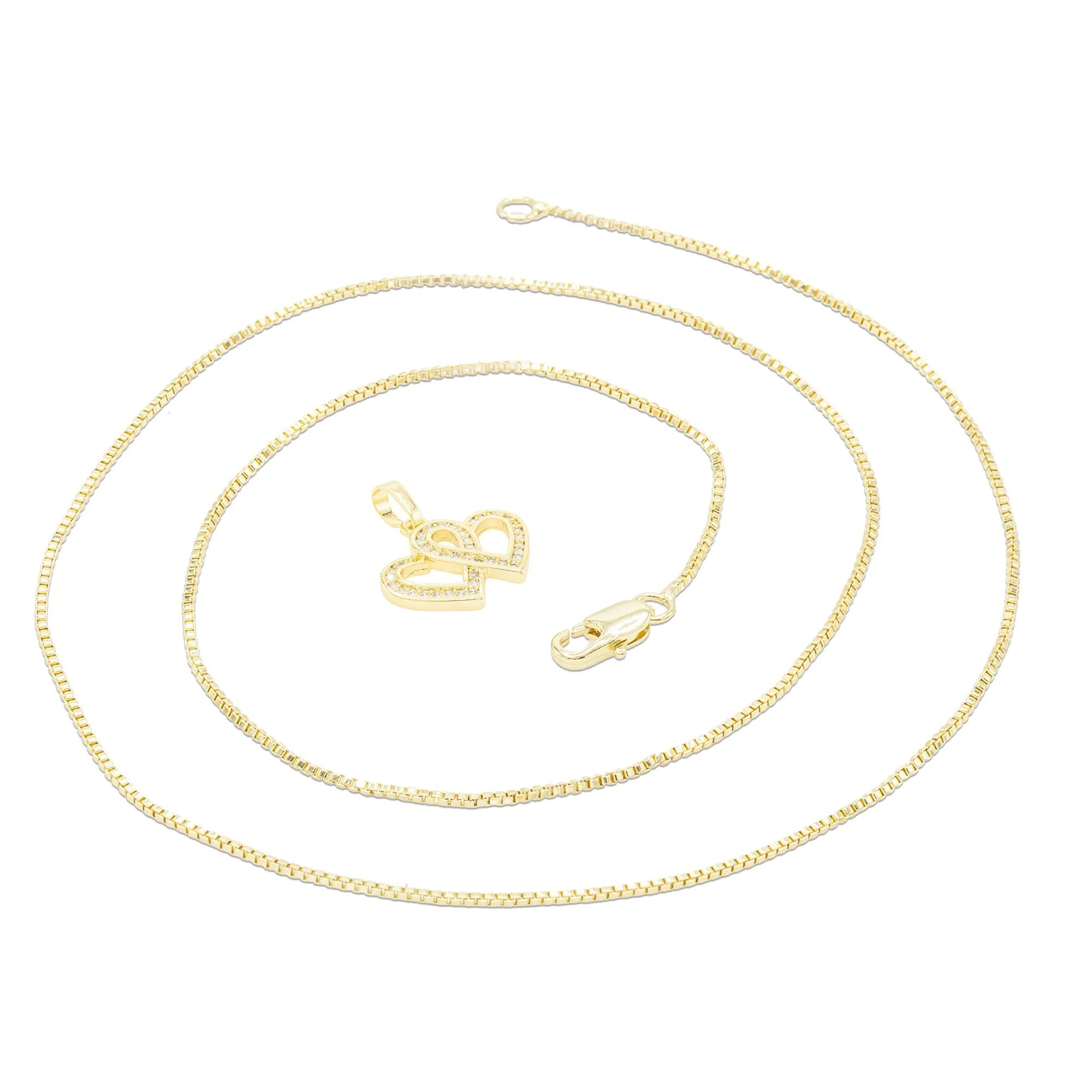 Cubic Zirconia 14K Gold Filled Connected Hearts Pendant Necklace Set