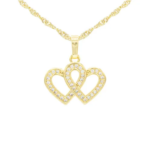 Cubic Zirconia 14K Gold Filled Connected Hearts Pendant Necklace Set