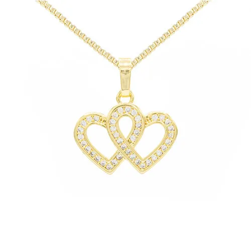 Cubic Zirconia 14K Gold Filled Connected Hearts Pendant Necklace Set