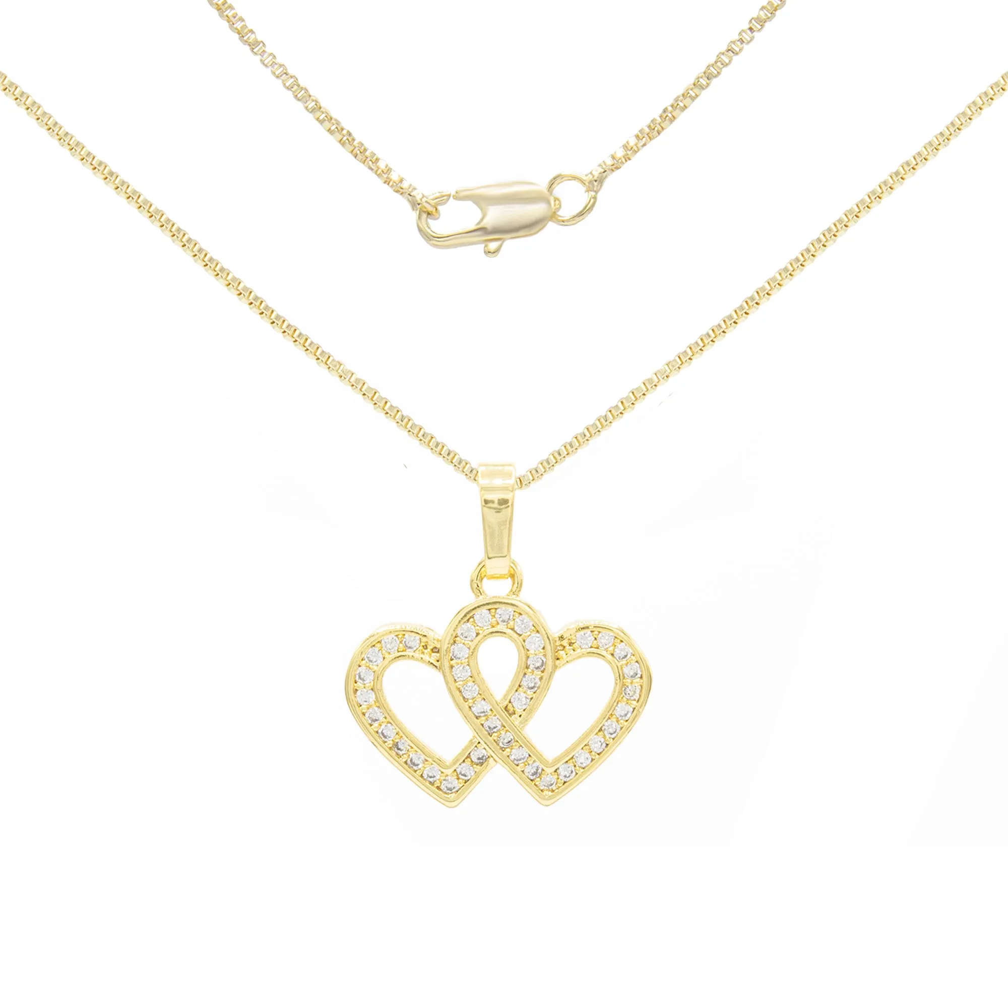 Cubic Zirconia 14K Gold Filled Connected Hearts Pendant Necklace Set