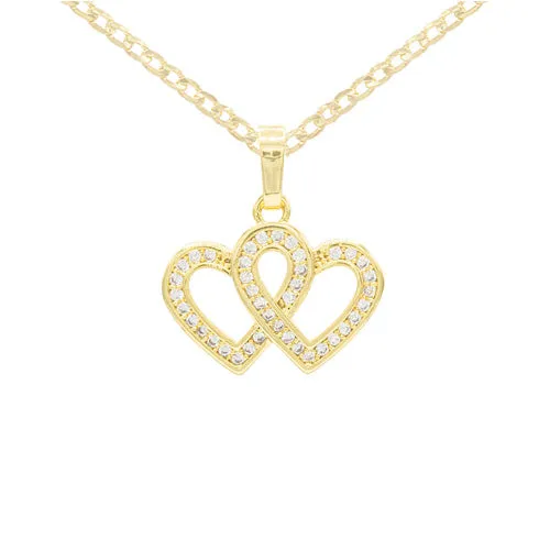 Cubic Zirconia 14K Gold Filled Connected Hearts Pendant Necklace Set