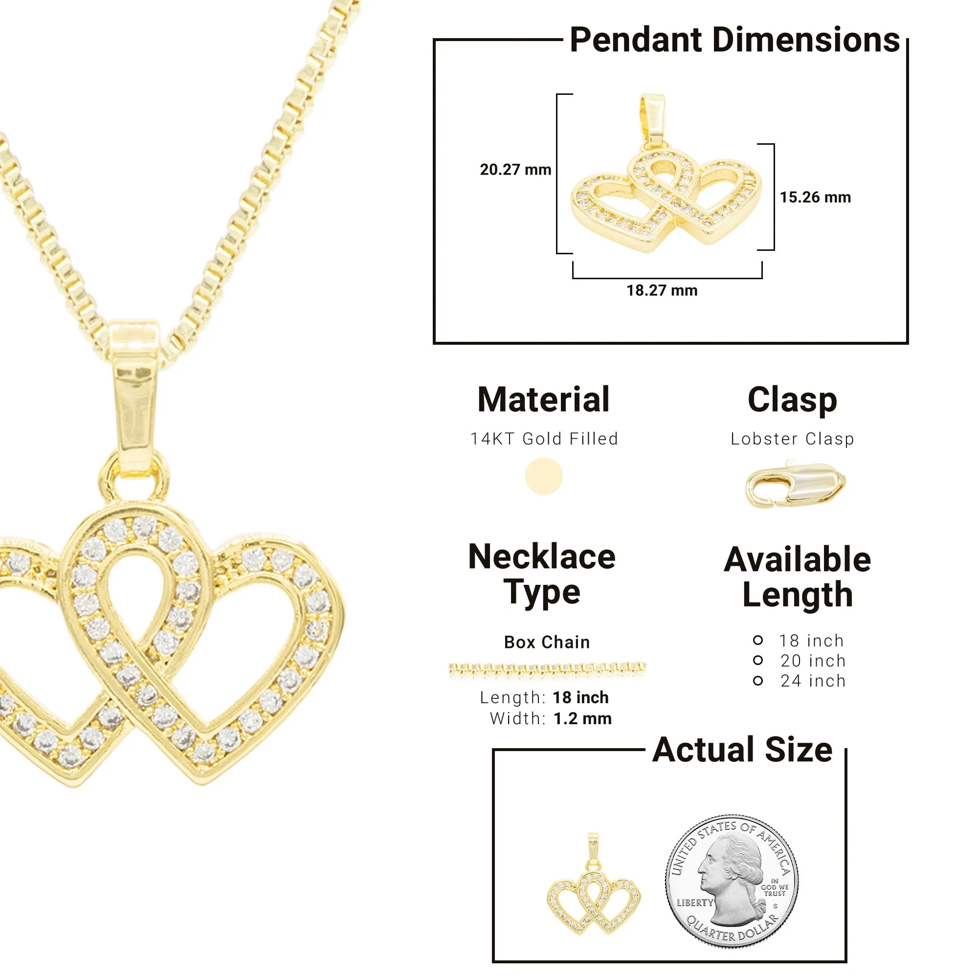 Cubic Zirconia 14K Gold Filled Connected Hearts Pendant Necklace Set