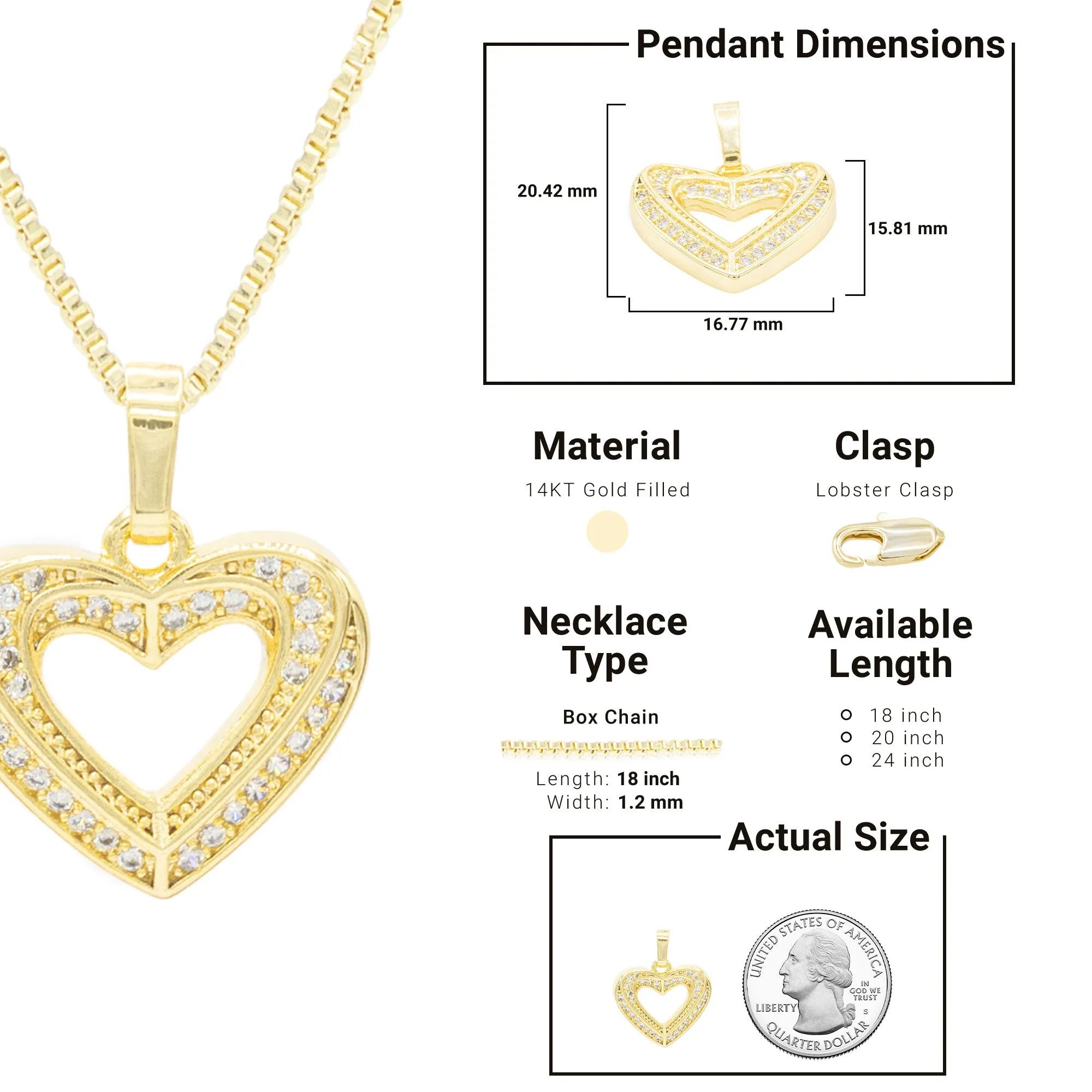 Cubic Zirconia 14K Gold Filled Double Layered Heart Pendant Necklace Set