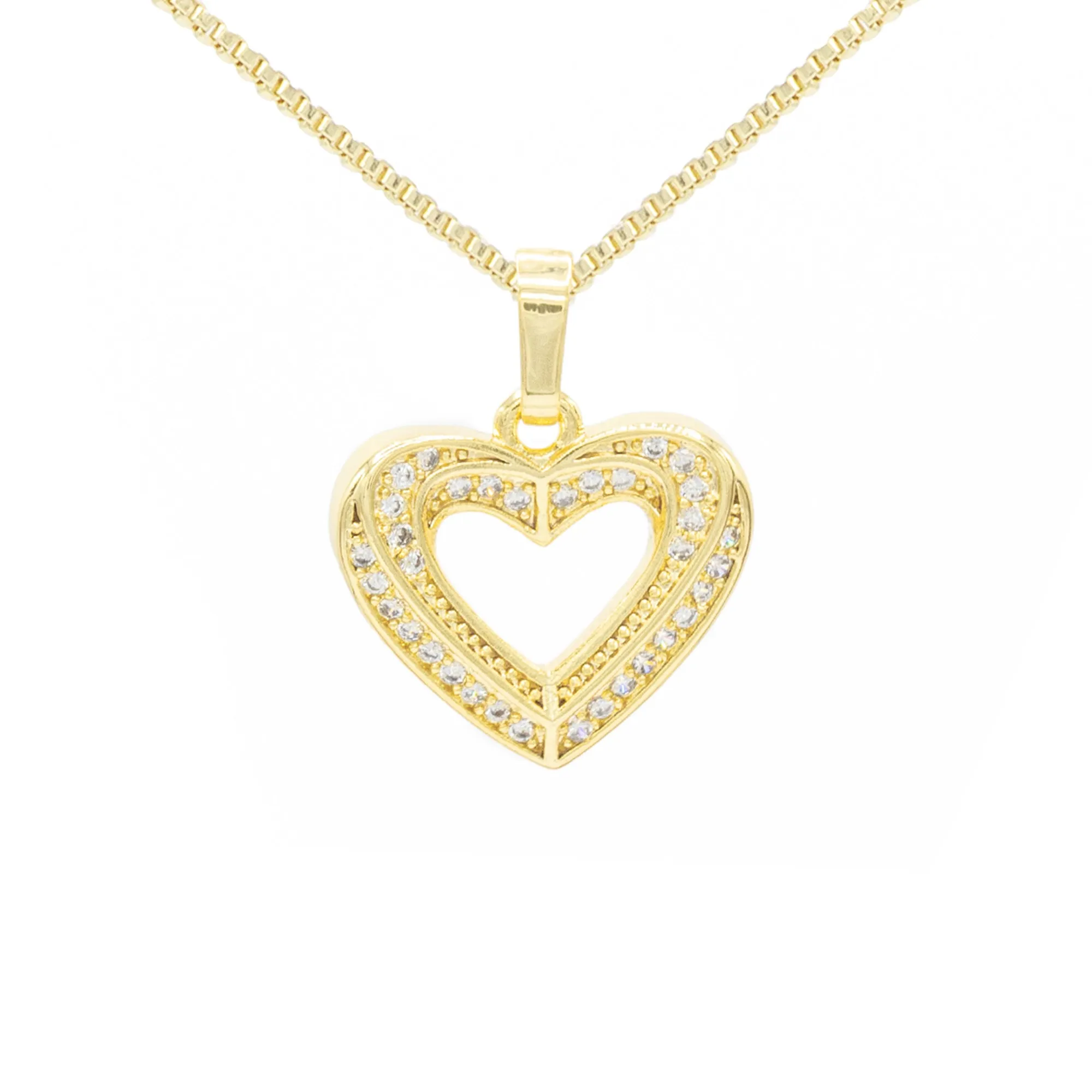 Cubic Zirconia 14K Gold Filled Double Layered Heart Pendant Necklace Set