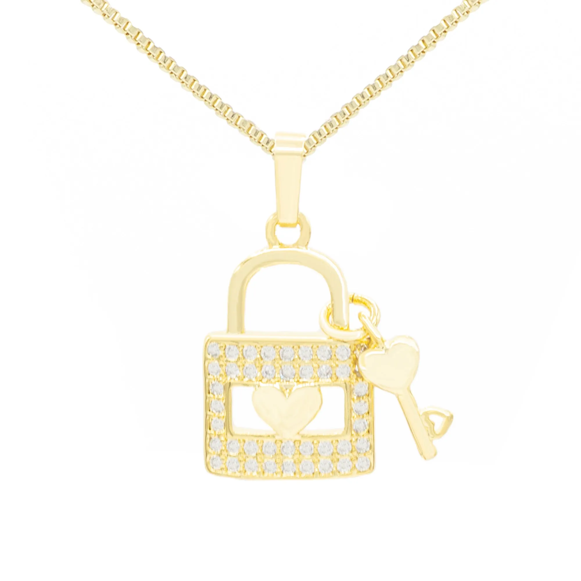 Cubic Zirconia 14K Gold Filled Lock Heart Key Pendant Necklace Set
