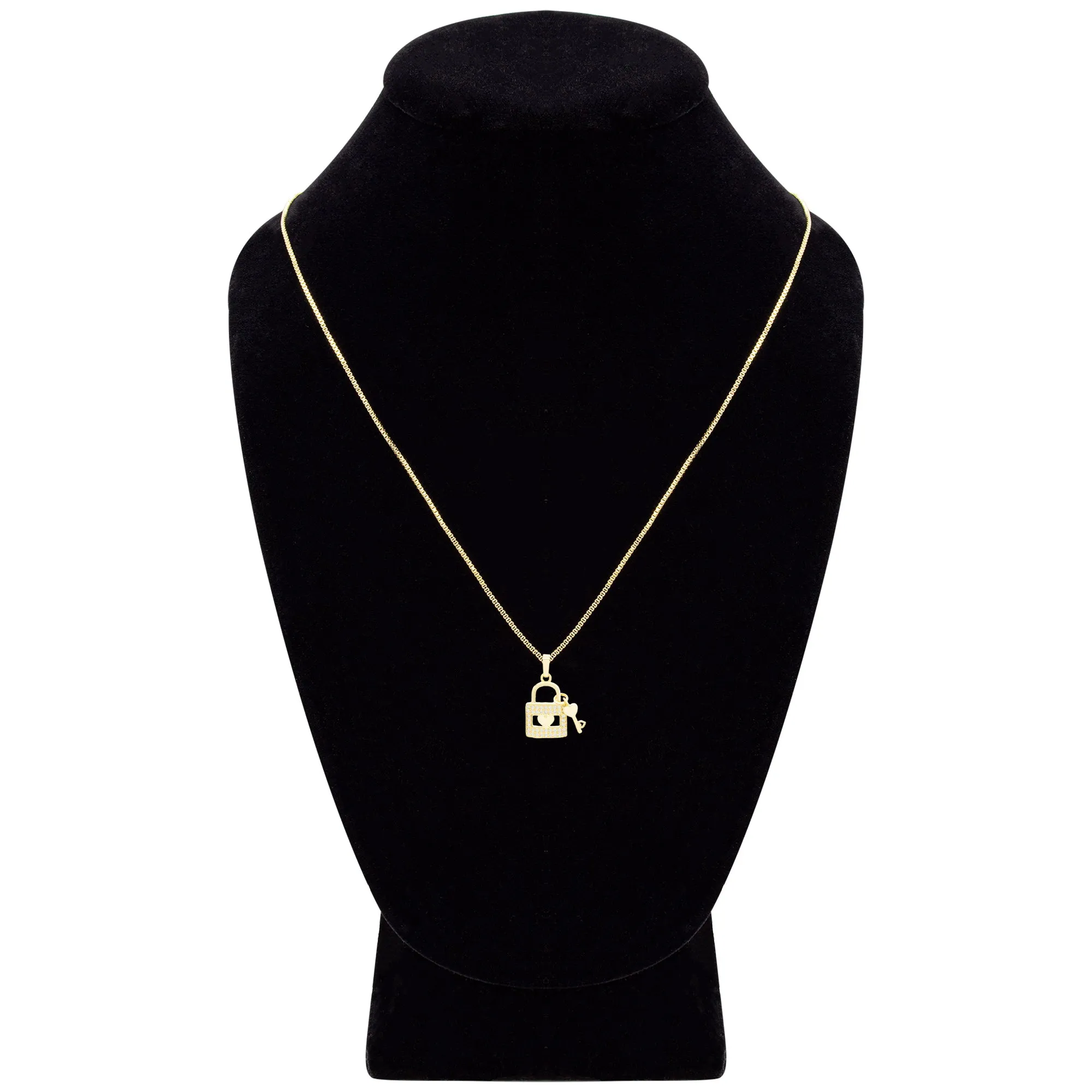 Cubic Zirconia 14K Gold Filled Lock Heart Key Pendant Necklace Set