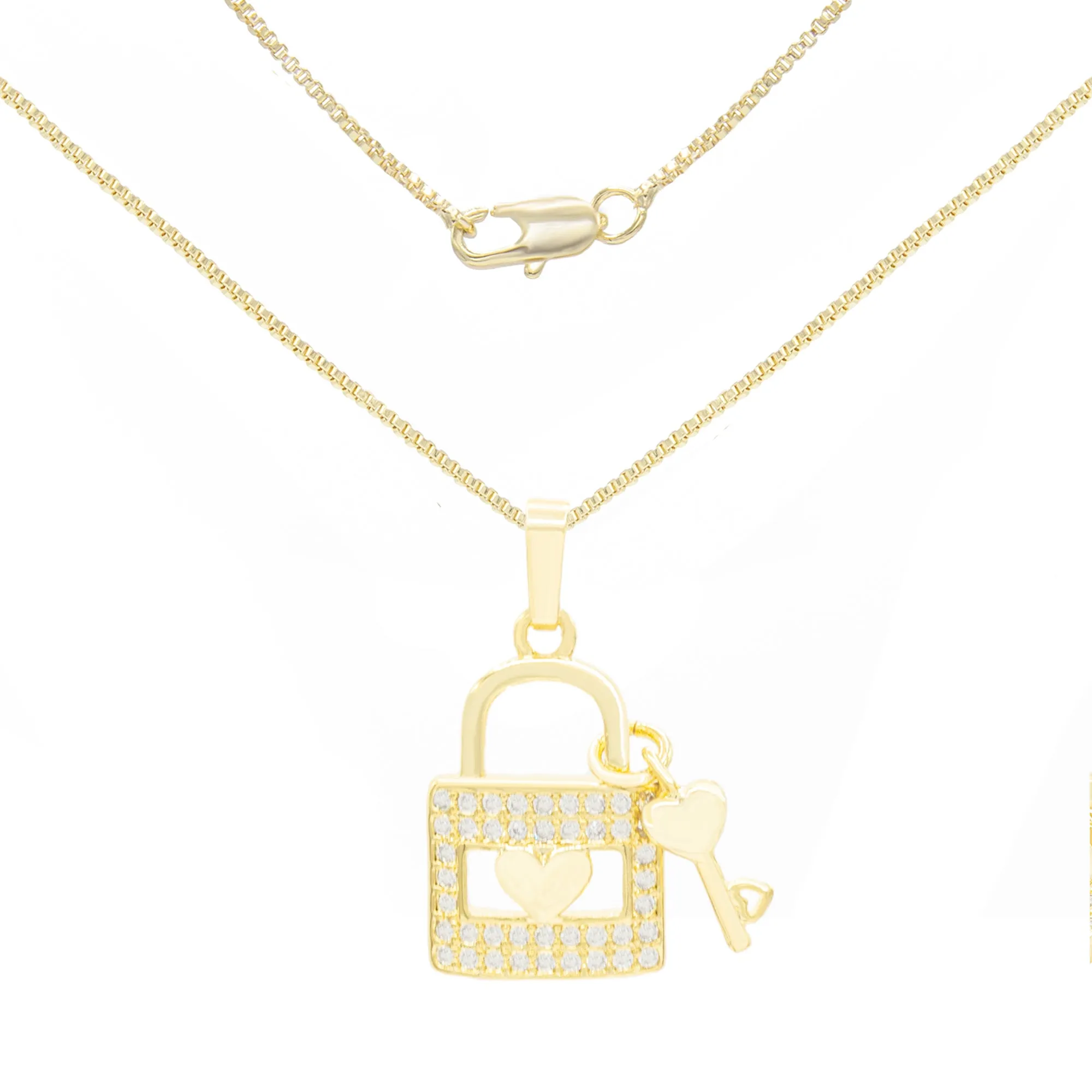 Cubic Zirconia 14K Gold Filled Lock Heart Key Pendant Necklace Set