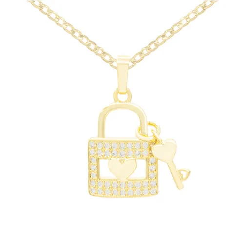 Cubic Zirconia 14K Gold Filled Lock Heart Key Pendant Necklace Set