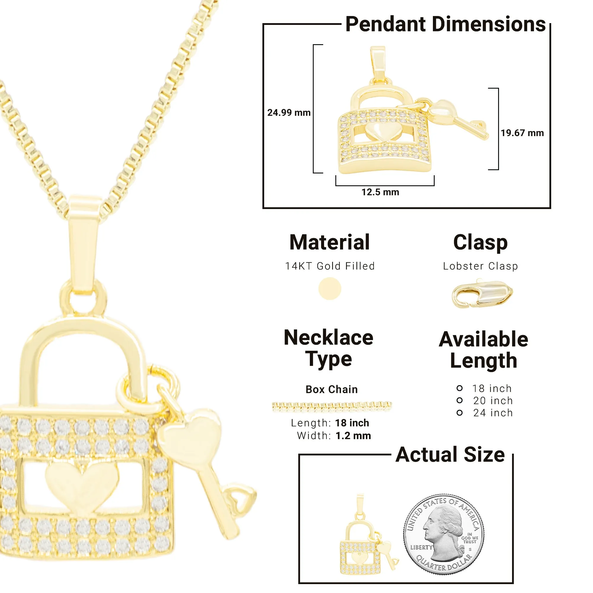 Cubic Zirconia 14K Gold Filled Lock Heart Key Pendant Necklace Set