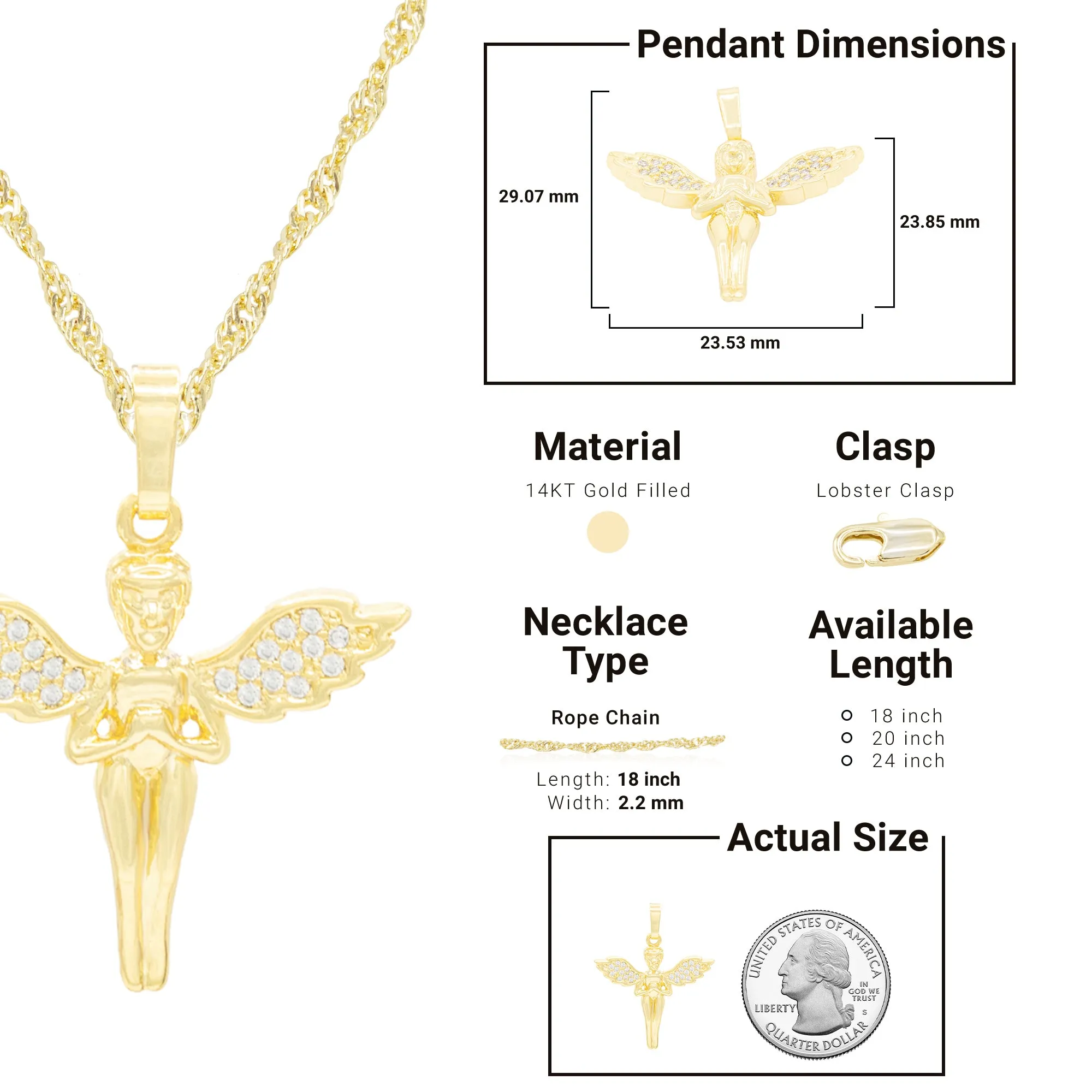 Cubic Zirconia Angel Pendant 14K Gold Filled Necklace Set