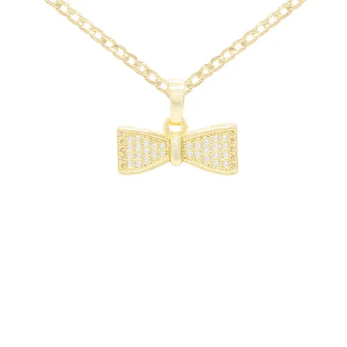 Cubic Zirconia Bow Tie Pendant 14K Gold Filled Necklace Set