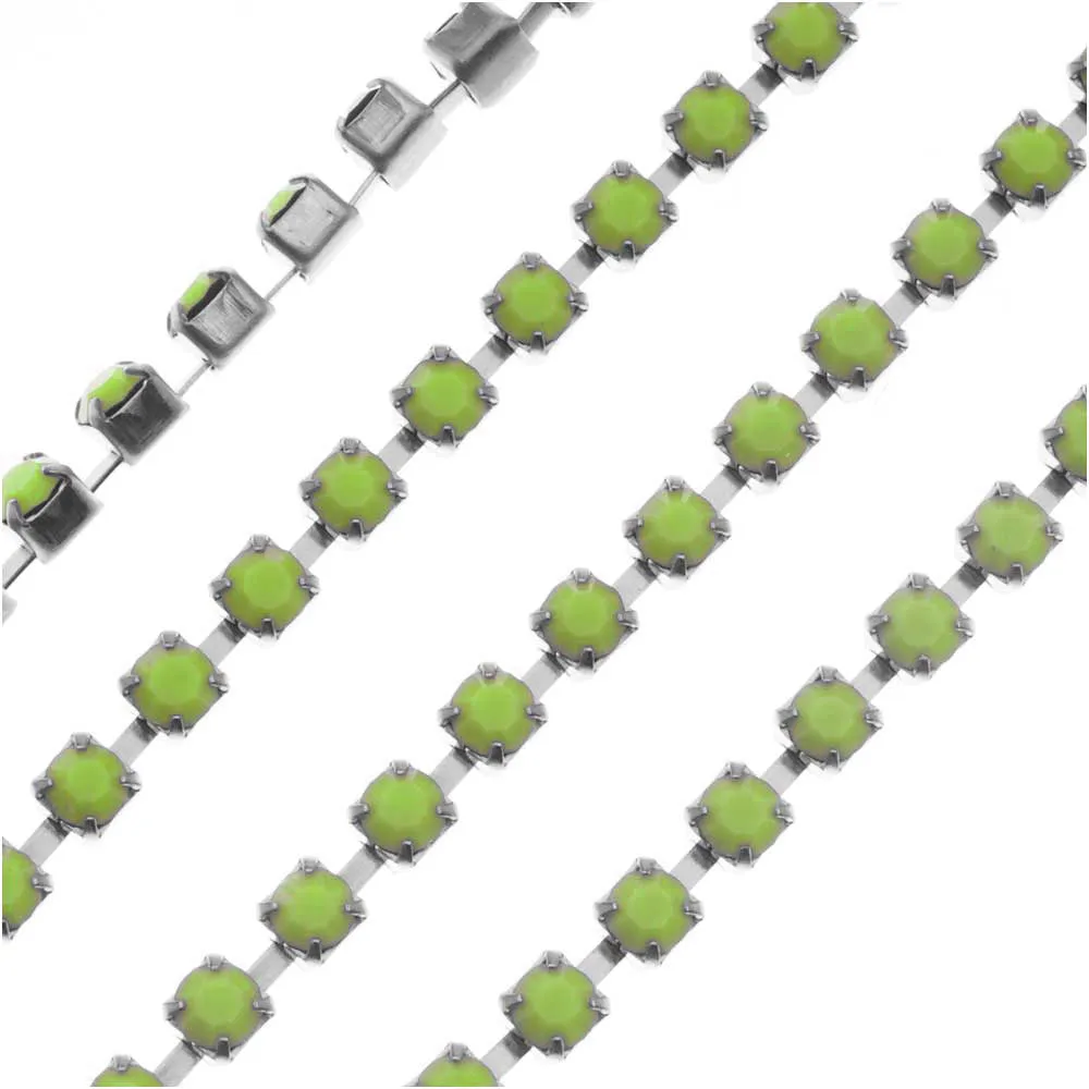Czech Crystal Rhinestone Cup Chain, 18SS, Green Opal/Silver Plated, by the Foot