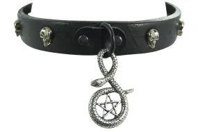 Gothic Punk Rock Emo Snake and Pentagram Charm Skull Stud Leather Choker Collar Necklace