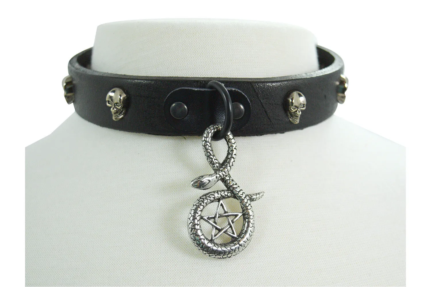 Gothic Punk Rock Emo Snake and Pentagram Charm Skull Stud Leather Choker Collar Necklace