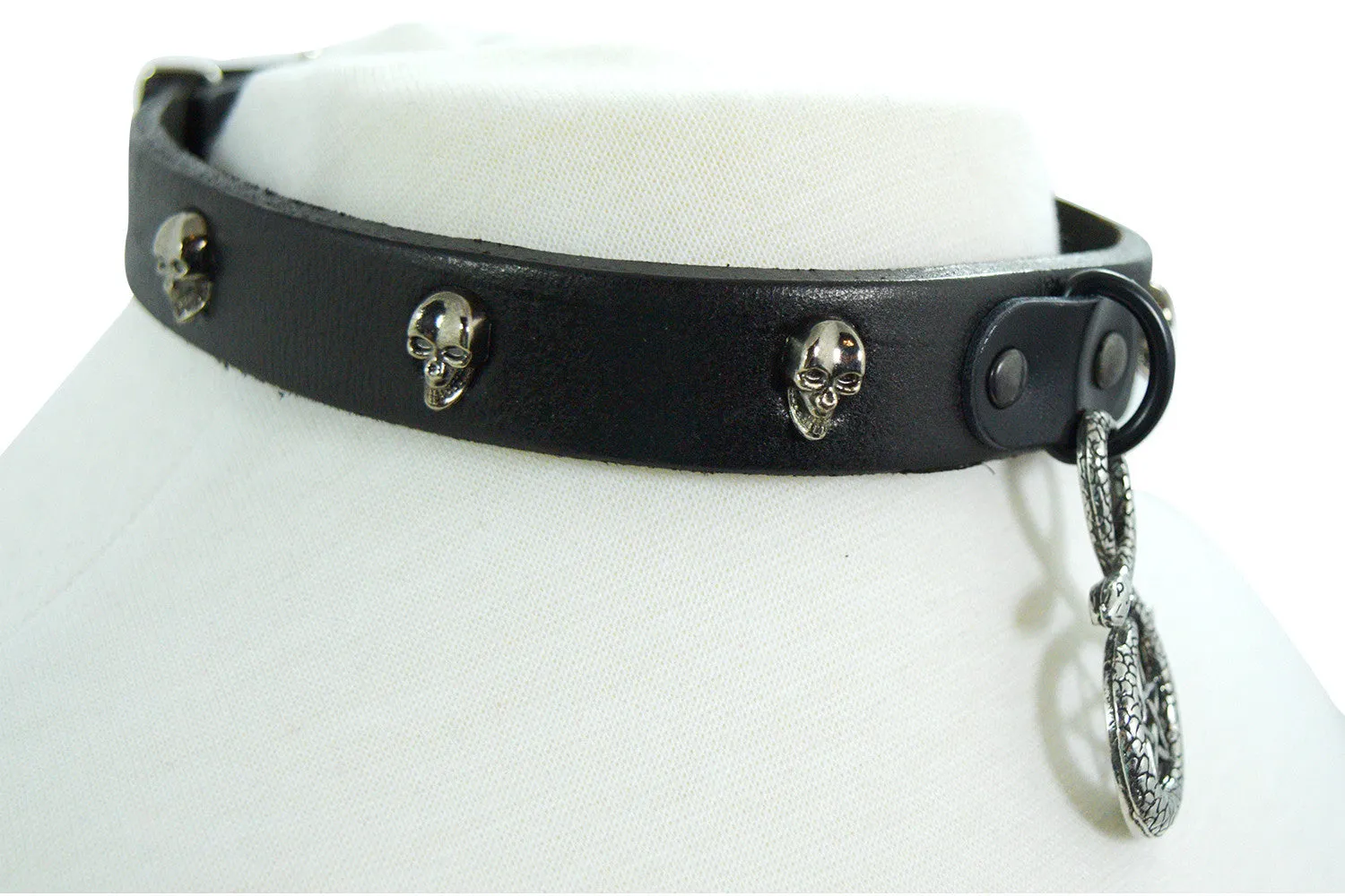 Gothic Punk Rock Emo Snake and Pentagram Charm Skull Stud Leather Choker Collar Necklace