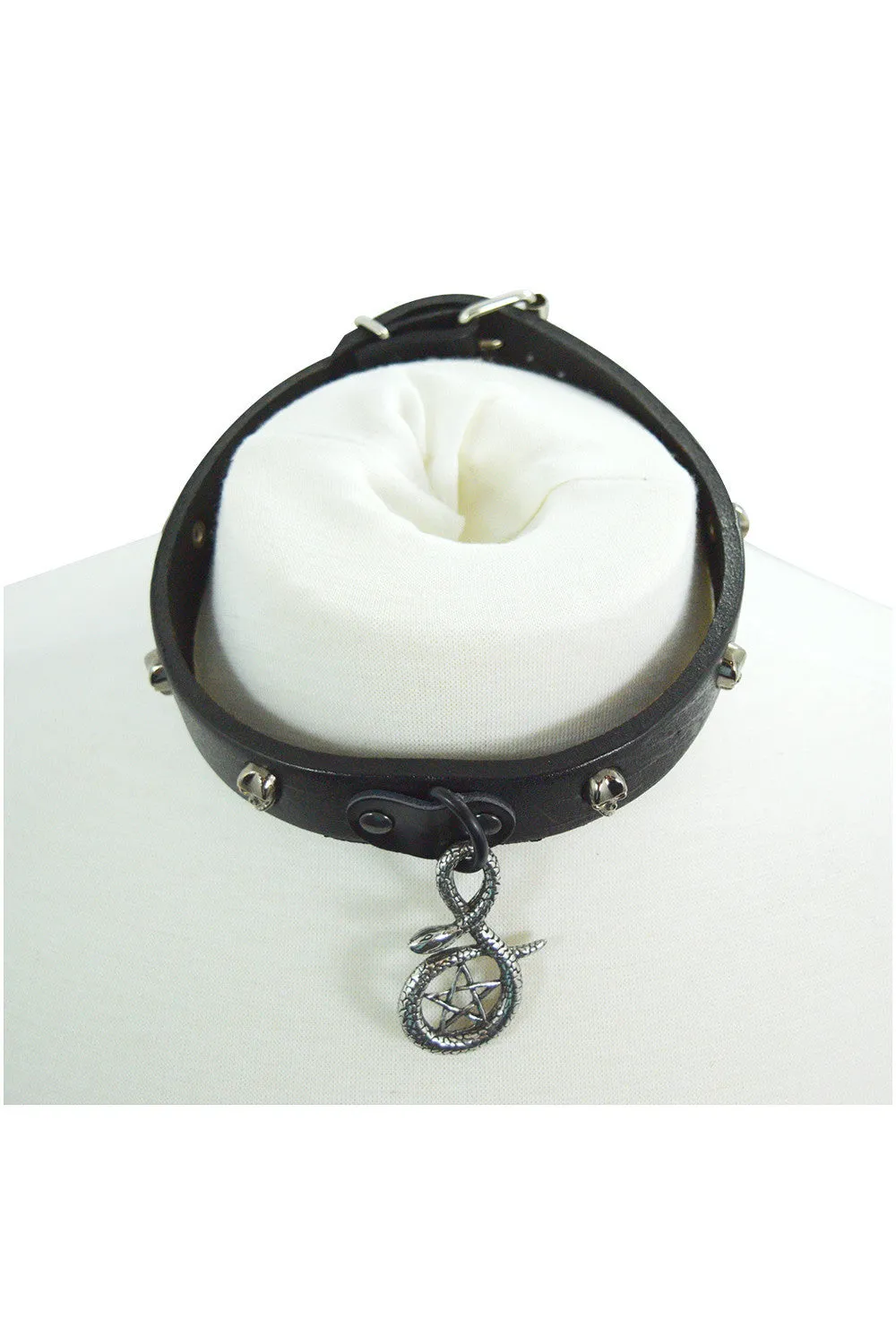 Gothic Punk Rock Emo Snake and Pentagram Charm Skull Stud Leather Choker Collar Necklace