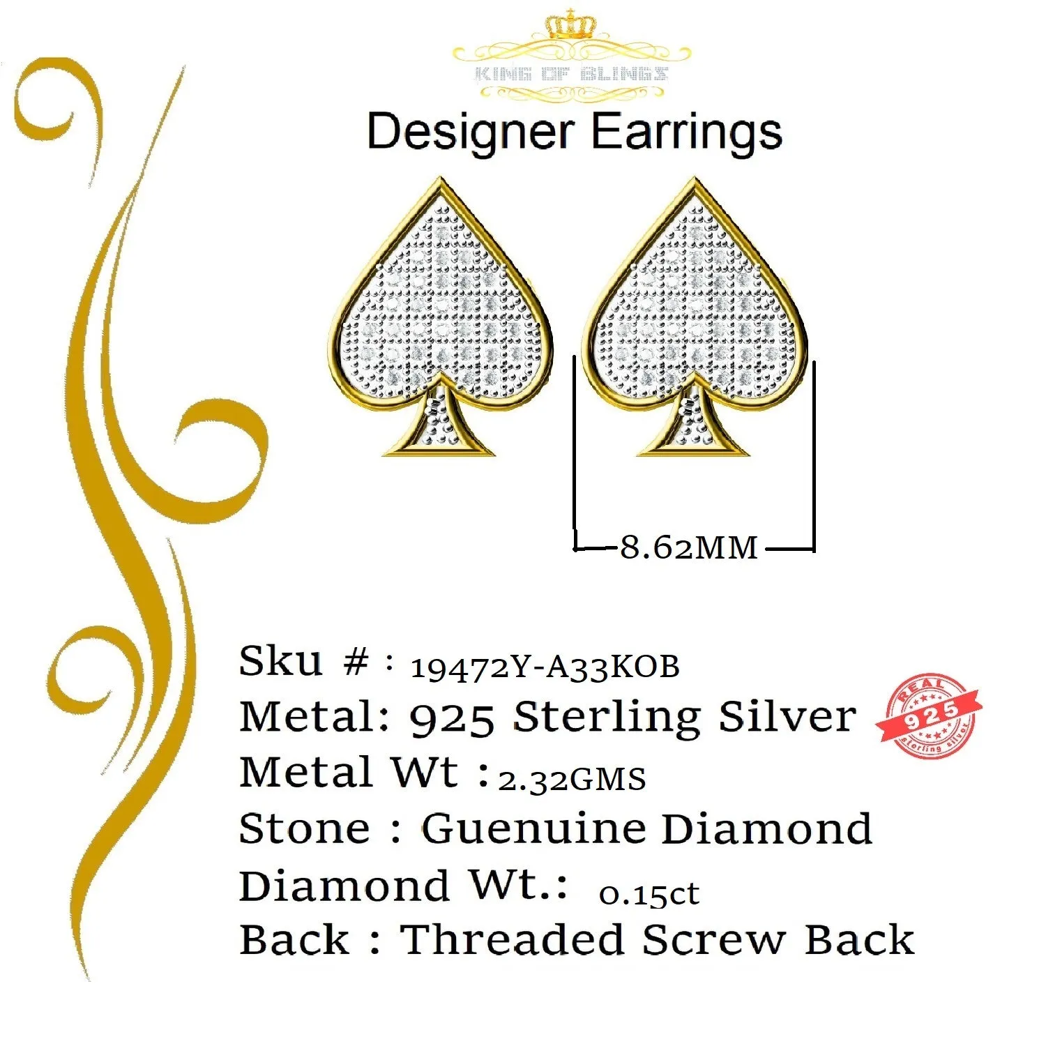 King of Blings-925 Sterling Silver Yellow 0.15ct Real Diamond For Women's / Men's Heart Earring