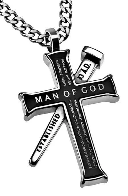 Man Of God Black Established Cross Necklace - 1 Timothy 6:11