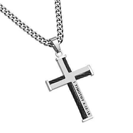 Man Of God Stainless Steel Cable Cross Necklace  - 1 Timothy 6:10