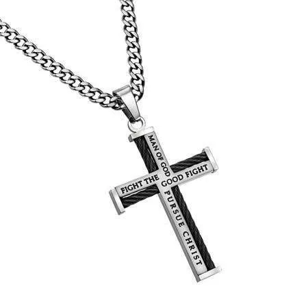 Man Of God Stainless Steel Cable Cross Necklace  - 1 Timothy 6:10