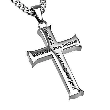 Man Of God Stainless Steel Cross Necklace - 1 Timothy 6:11