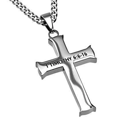 Man Of God Stainless Steel Cross Necklace - 1 Timothy 6:11