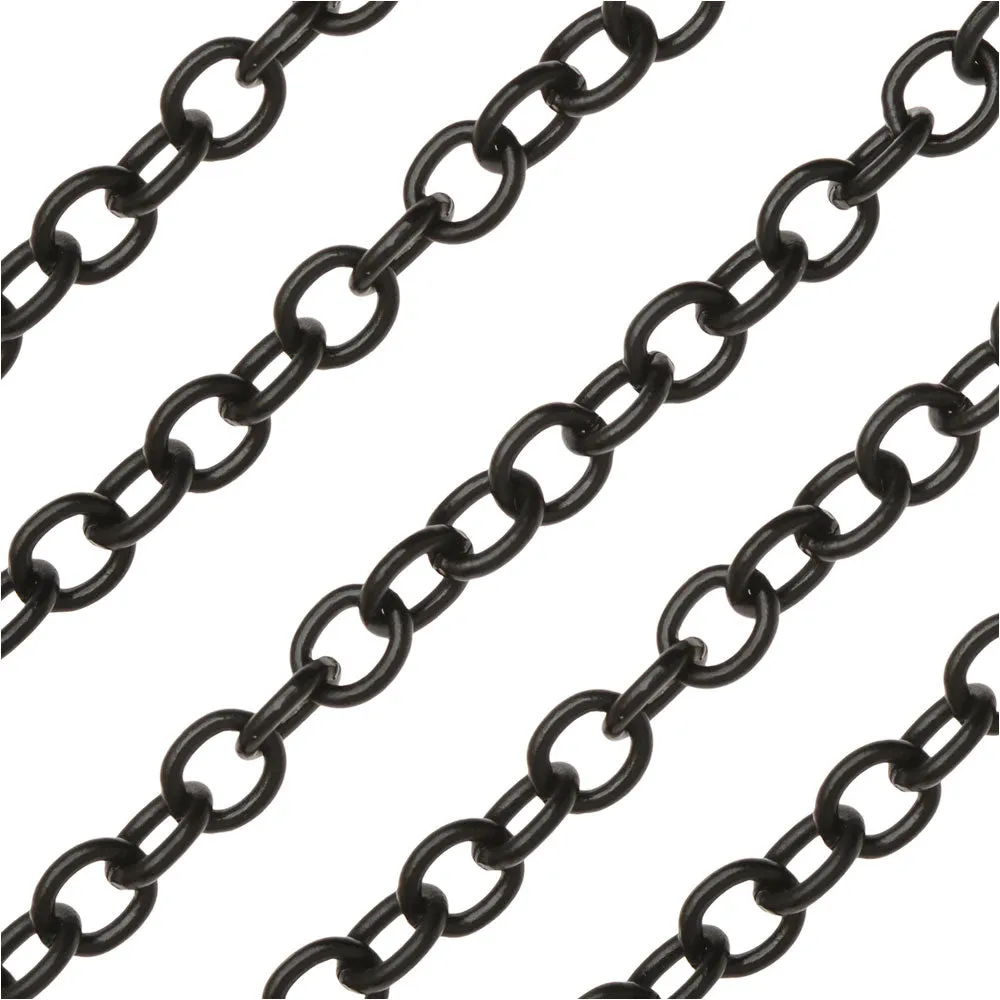 Matte Black Plated Cable Chain, Oval 8x7mm, by the Foot