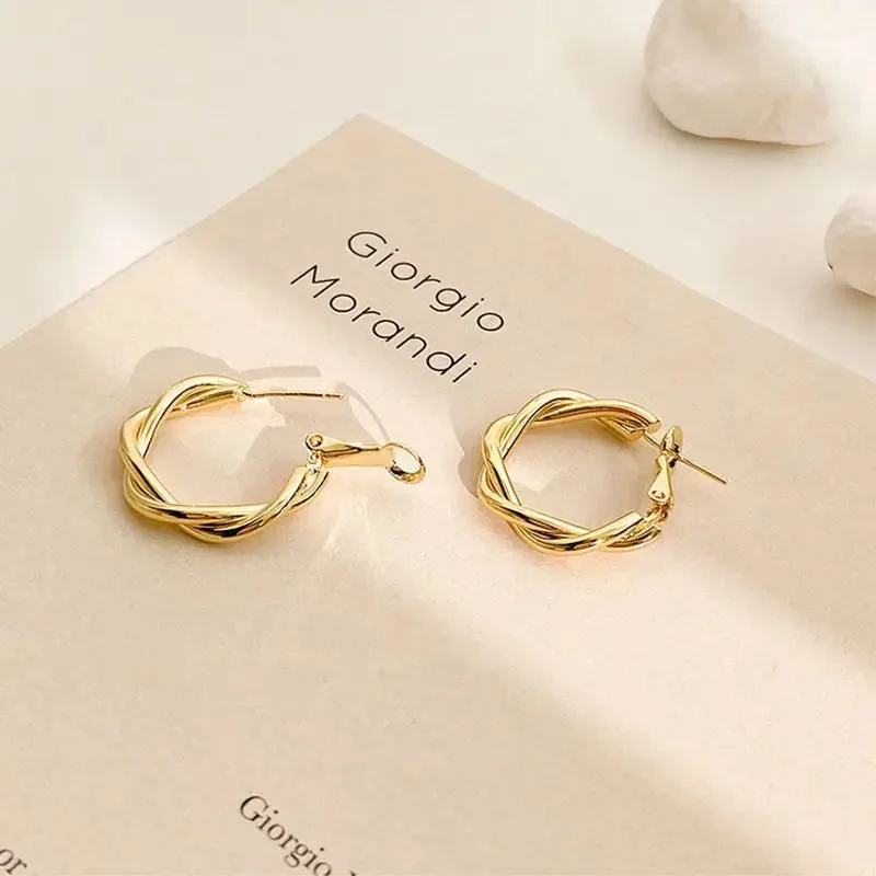 New Circle Twine Twists Hoop Earring for Women Simple Temperament Hyperbole Gold Color Metal Ear Jewelry Gift Aros