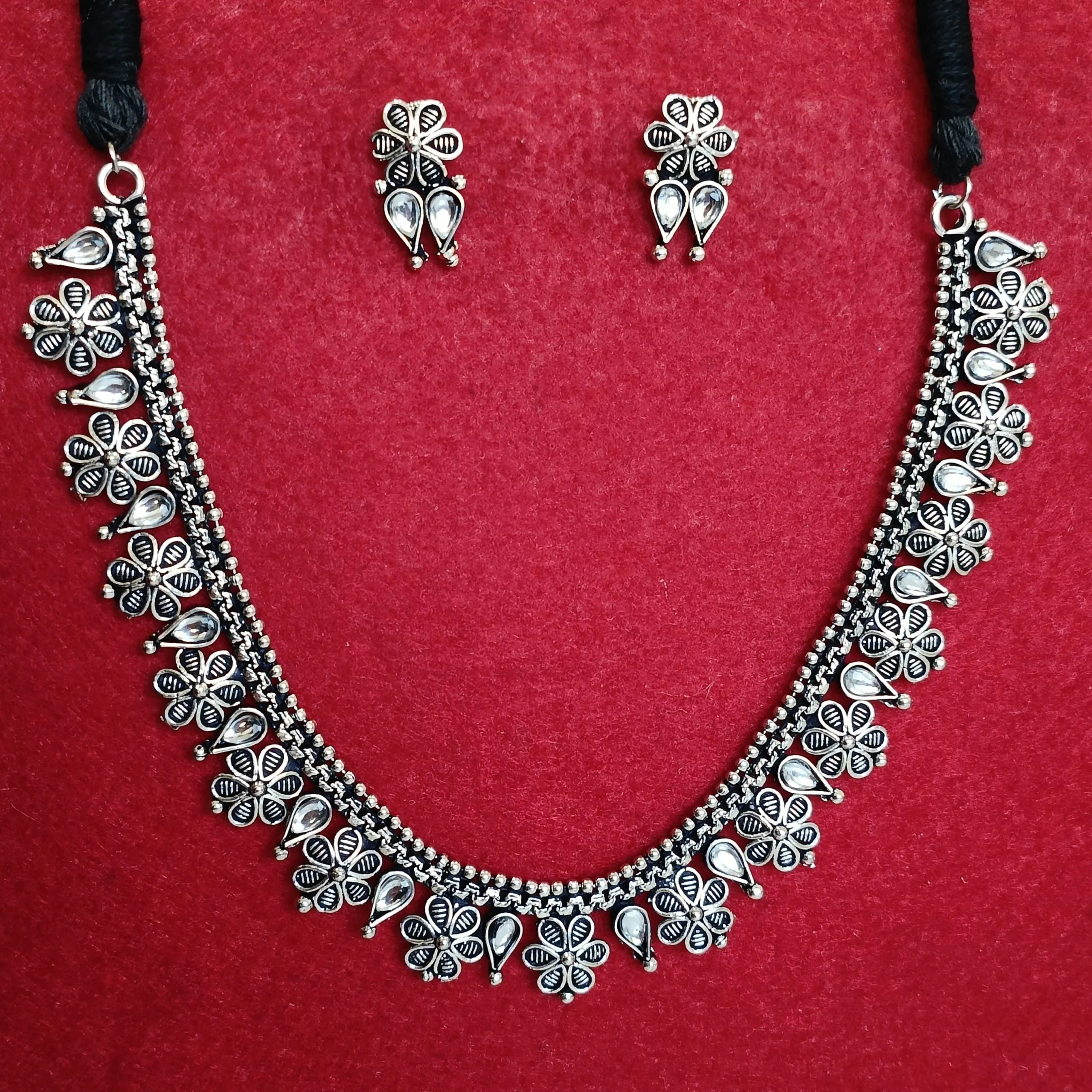 Silver Oxidised Plated Flower Design Kundan Studded Choker Necklace Set-OXDNK 2341