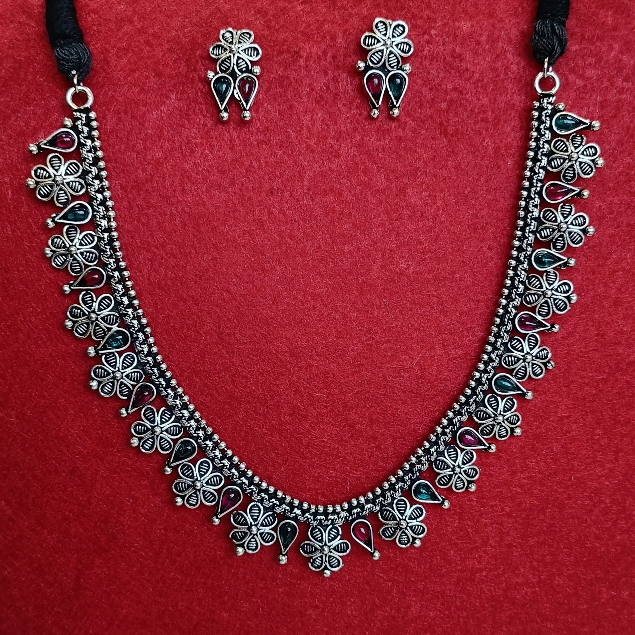 Silver Oxidised Plated Flower Design Kundan Studded Choker Necklace Set-OXDNK 2341