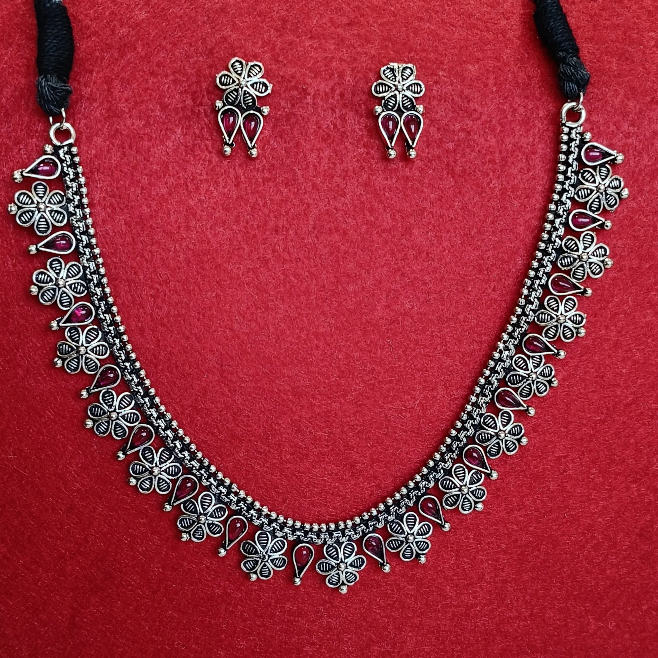 Silver Oxidised Plated Flower Design Kundan Studded Choker Necklace Set-OXDNK 2341