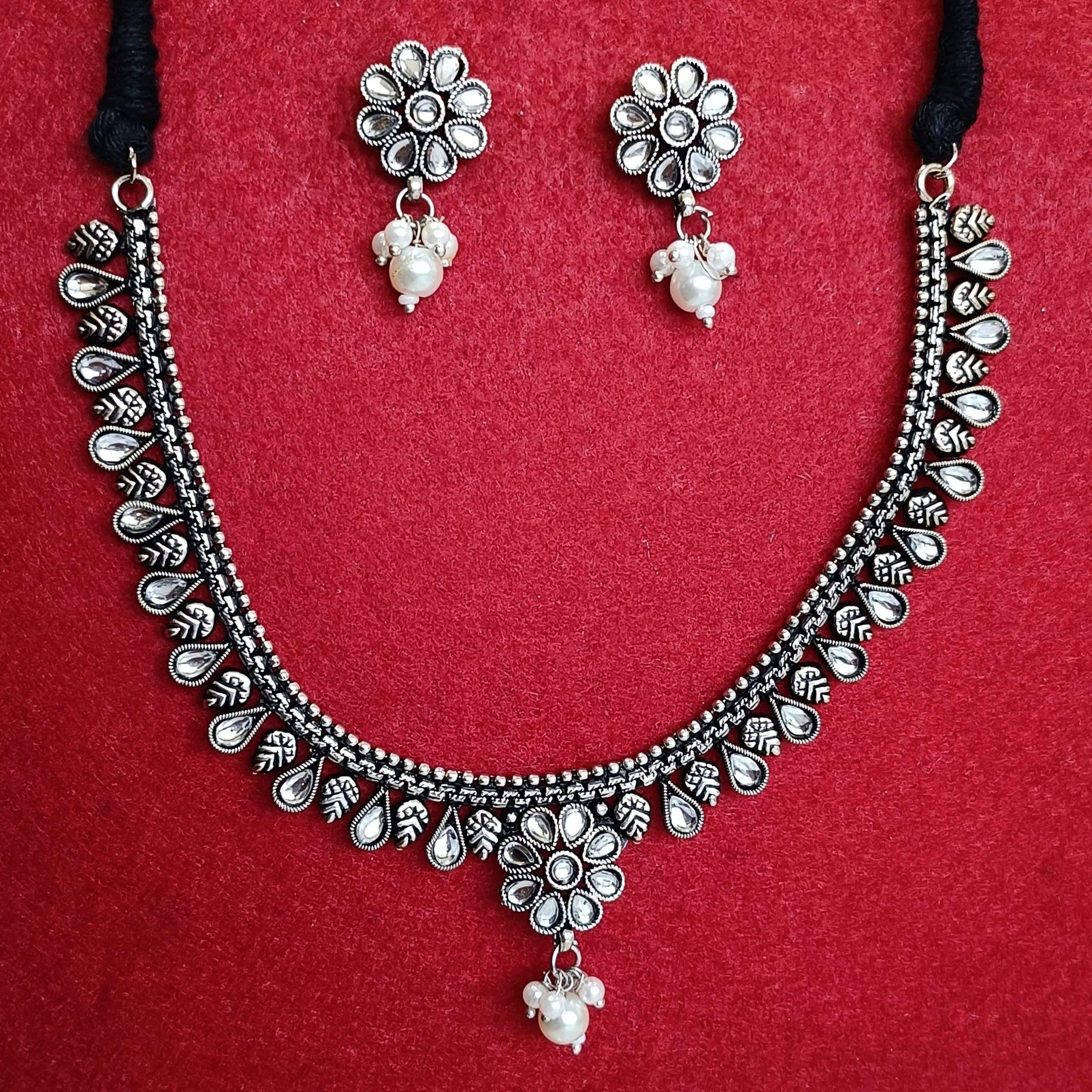 Silver Oxidised Plated Flower Design Kundan Studded Choker Necklace Set- OXDNK 2353