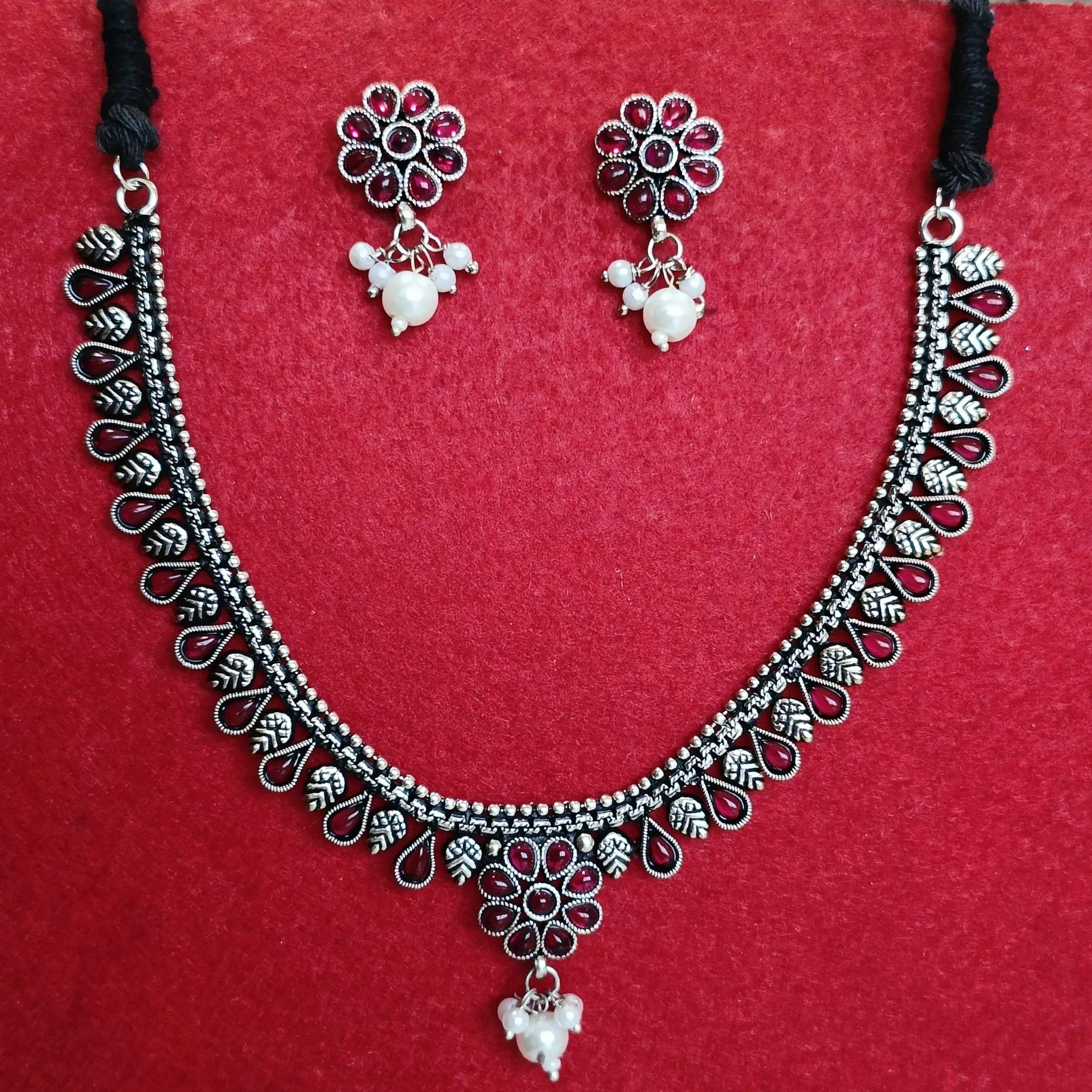 Silver Oxidised Plated Flower Design Kundan Studded Choker Necklace Set- OXDNK 2353