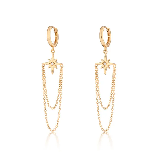 Starburst Chain Drop Hoop Earrings - Gold - SPG-152