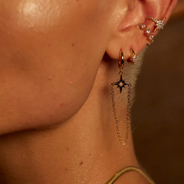 Starburst Chain Drop Hoop Earrings - Gold - SPG-152
