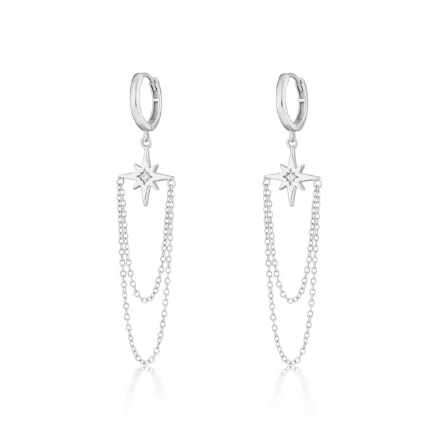 Starburst Chain Drop Hoop Earrings - Silver - SPS-152